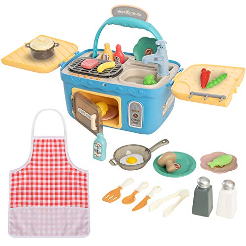 JOYIN Juego de Picnic para Cocina, portátil, Cesta de pícnic, Juguetes con música y Luces, Cambio de Color, Juego de Alimentos, Fregadero de Cocina y Horno de Juego, Juegos de Juguetes de Cocina