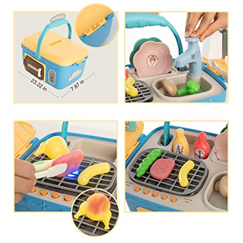 JOYIN Juego de Picnic para Cocina, portátil, Cesta de pícnic, Juguetes con música y Luces, Cambio de Color, Juego de Alimentos, Fregadero de Cocina y Horno de Juego, Juegos de Juguetes de Cocina