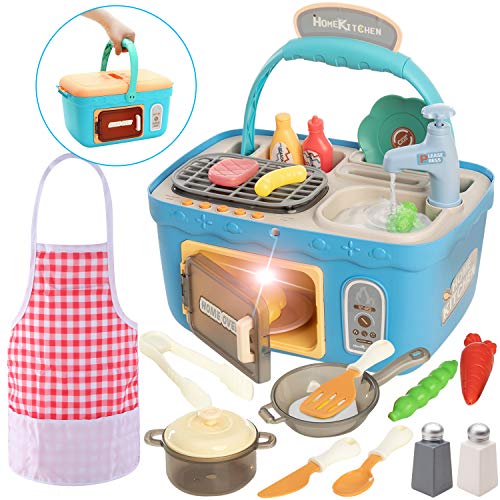 JOYIN Juego de Picnic para Cocina, portátil, Cesta de pícnic, Juguetes con música y Luces, Cambio de Color, Juego de Alimentos, Fregadero de Cocina y Horno de Juego, Juegos de Juguetes de Cocina