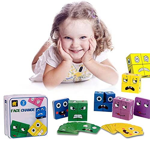 Joyivike Cubos Mágicos Wooden Magic Cube Building Blocks Face, Puzzle Iq Puzzler Building Cubes Em-oji, Juego De Interacción De Madera para Niños De Entrenamiento