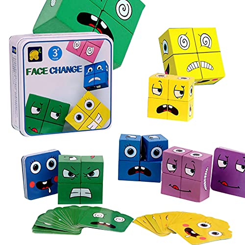 Joyivike Cubos Mágicos Wooden Magic Cube Building Blocks Face, Puzzle Iq Puzzler Building Cubes Em-oji, Juego De Interacción De Madera para Niños De Entrenamiento