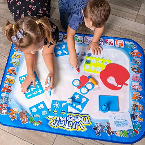 JoyKip Alfombra Mágica para Dibujar con Agua para Niños, Alfombra para Pintar con Alfombra con Garabatos, Lapiceros Mágicos, Sellos para Dibujar, Plantillas para Dibujar y Cuadernillo para