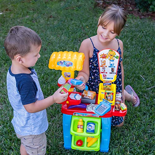 JoyKip Puesto móvil de Compra Comida para Fingir y Jugar de supermercado y Registro de Tarjetas - Cesta Compra con Escáner, Comida, Dinero y Tarjeta para Niños