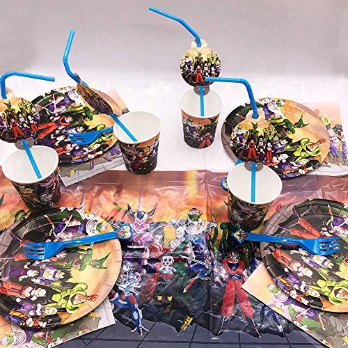 JPYH 82PCS Dragon Ball Vajilla Fiesta Decoración Conjunto de Suministros Mantel Platos Servilletas Pancartas Tazas Utensilios para Niños Cumpleaños Niñas