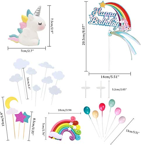 Juego de 23 adornos para tarta de unicornio, nube, arcoíris, globos de feliz cumpleaños, banderines, decoración de tartas para niños, niñas, cumpleaños