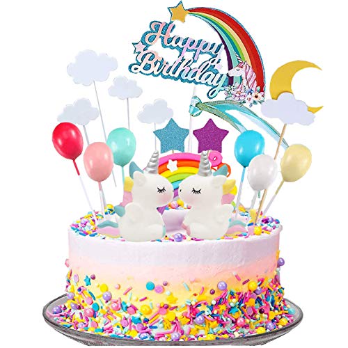 Juego de 23 adornos para tarta de unicornio, nube, arcoíris, globos de feliz cumpleaños, banderines, decoración de tartas para niños, niñas, cumpleaños