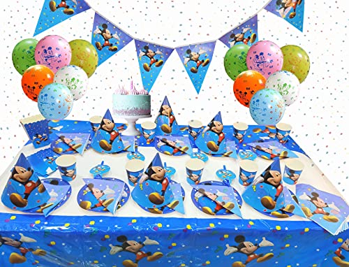 Juego De CumpleañOs Para NiñOs, Juego De Cubiertos De Mickey Mouse Azul De 70 Piezas, 10 Cubiertos De Mickey Globos De Mickey Con Platos De 7 Pulgadas, Tazas, Banderas, Cometas, Manteles, Sombreros