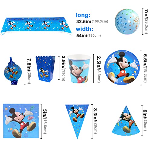 Juego De CumpleañOs Para NiñOs, Juego De Cubiertos De Mickey Mouse Azul De 70 Piezas, 10 Cubiertos De Mickey Globos De Mickey Con Platos De 7 Pulgadas, Tazas, Banderas, Cometas, Manteles, Sombreros