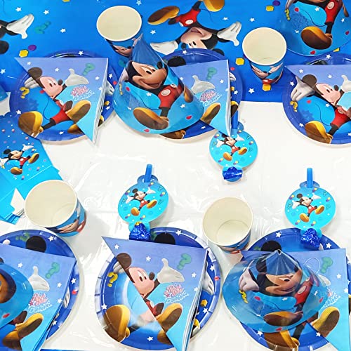 Juego De CumpleañOs Para NiñOs, Juego De Cubiertos De Mickey Mouse Azul De 70 Piezas, 10 Cubiertos De Mickey Globos De Mickey Con Platos De 7 Pulgadas, Tazas, Banderas, Cometas, Manteles, Sombreros