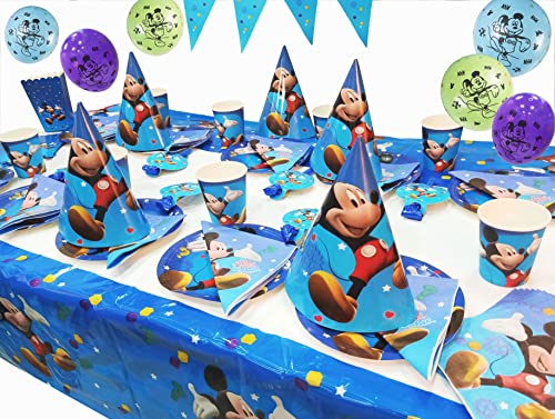 Juego De CumpleañOs Para NiñOs, Juego De Cubiertos De Mickey Mouse Azul De 70 Piezas, 10 Cubiertos De Mickey Globos De Mickey Con Platos De 7 Pulgadas, Tazas, Banderas, Cometas, Manteles, Sombreros