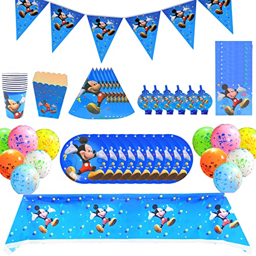 Juego De CumpleañOs Para NiñOs, Juego De Cubiertos De Mickey Mouse Azul De 70 Piezas, 10 Cubiertos De Mickey Globos De Mickey Con Platos De 7 Pulgadas, Tazas, Banderas, Cometas, Manteles, Sombreros