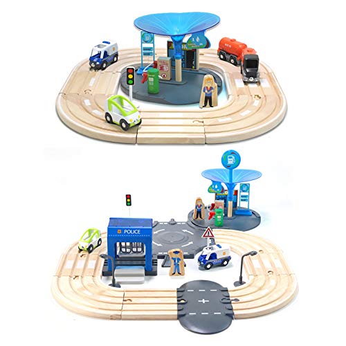 Juego de Juguetes de Pista Conjunto de vías de tren de madera Conjunto de trayos de transfracciones ferroviarias de madera Conjunto de tren para niños para niños 2 años y más compatibles Juego Complet