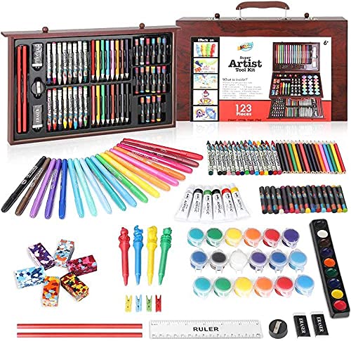 Juego de Pintura ARTOYS Para Niños,123 Piezas, Estuche de Madera, con Crayones de Cera, Rotuladores, Pinturas Acrílicas, Caja de Regalo Creativa Para, Principiantes, Niñas y Niños de 6 a 12 Años