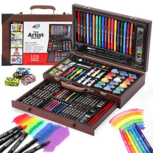 Juego de Pintura ARTOYS Para Niños,123 Piezas, Estuche de Madera, con Crayones de Cera, Rotuladores, Pinturas Acrílicas, Caja de Regalo Creativa Para, Principiantes, Niñas y Niños de 6 a 12 Años