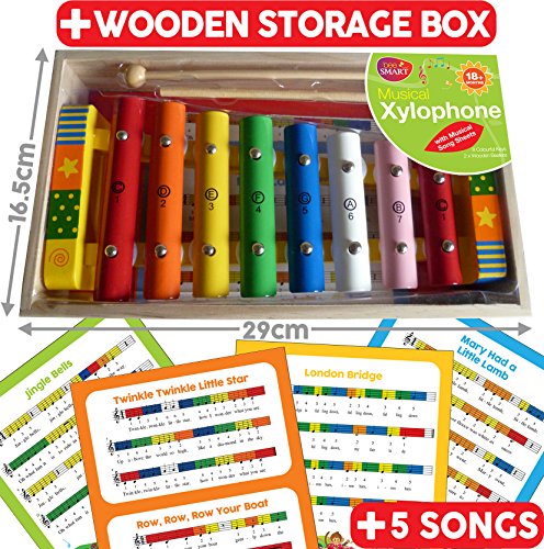 Juguete de xilófono con tarjetas de música (incluidas), 8 Nota metal / música de madera Glockenspiel / xilófono, con caja de madera, 2 palos, diseño de estrellas multicolores para niños.