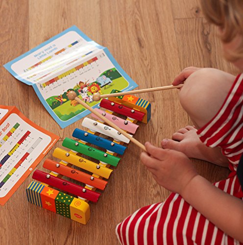 Juguete de xilófono con tarjetas de música (incluidas), 8 Nota metal / música de madera Glockenspiel / xilófono, con caja de madera, 2 palos, diseño de estrellas multicolores para niños.