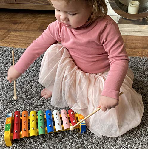 Juguete de xilófono con tarjetas de música (incluidas), 8 Nota metal / música de madera Glockenspiel / xilófono, con caja de madera, 2 palos, diseño de estrellas multicolores para niños.