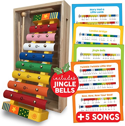 Juguete de xilófono con tarjetas de música (incluidas), 8 Nota metal / música de madera Glockenspiel / xilófono, con caja de madera, 2 palos, diseño de estrellas multicolores para niños.