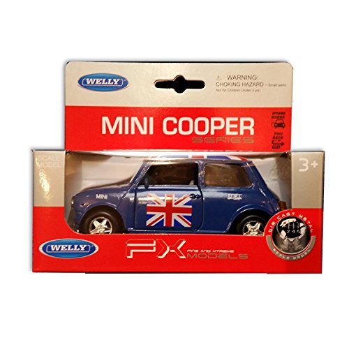 Juguete Mini Cooper Azul - Techo Bandera Union Jack / Modelo Auto Pull Back and Go / Metal Fundido / Puertas del Coche Abiertas / Recuerdo británico de Inglaterra Reino Unido