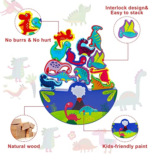 Juguetes Montessori de Madera Dinosaurios Bloques Construccion 2 IN 1 Juguete de Equilibrio de Apilamiento Juego de Roscar Cuentas Juegos Educativos Regalo Navidad Juguetes Niños Niña 3 4 5 Años