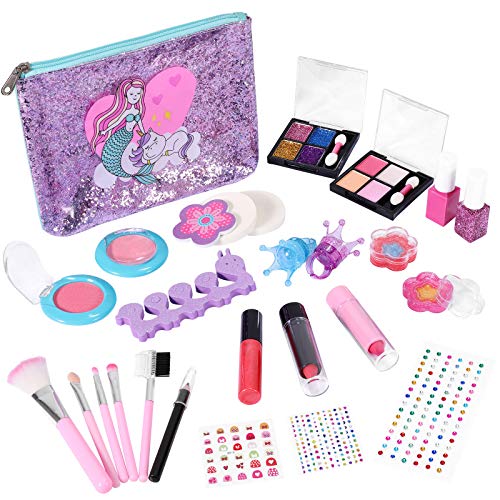 Kastiny Kit de Maquillaje Niñas, 27 Piezas Maquillaje Niñas Set Cosmético No Tóxico Lavables con Bolsa Sirena y Esmalte Uñas, Regalo de Cumpleañ