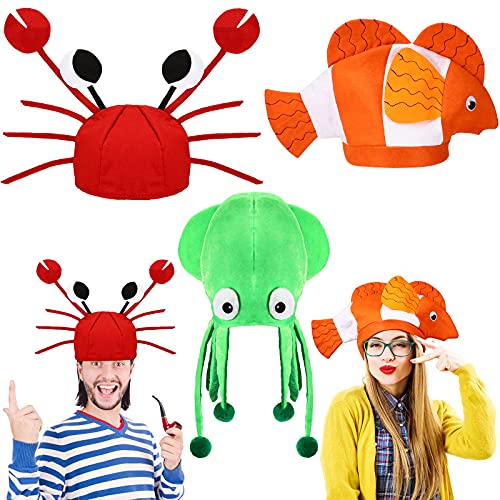 Kasyat 3 Sombreros de Fiesta Divertidos Gorro de Calamar Gorro de Cangrejo Gorro de Pez Payaso Gorro de Animales Marinos del Océano Sombrero Accesorio de Disfraz para Cosplay Halloween, 3 Estilos