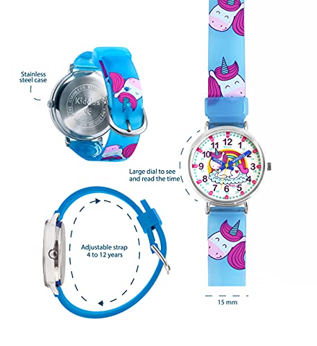 KIDDUS Reloj Educativo para niño, Chica, Chico. De Pulsera, analógico. Time Teacher fácil de Leer para Aprender la Hora. Ejercicios incluídos. Unicornio. Manillas escritas. Fluorescente