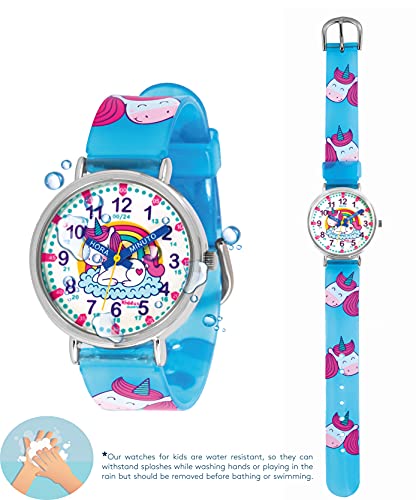 KIDDUS Reloj Educativo para niño, Chica, Chico. De Pulsera, analógico. Time Teacher fácil de Leer para Aprender la Hora. Ejercicios incluídos. Unicornio. Manillas escritas. Fluorescente