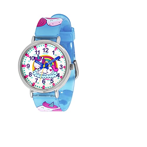 KIDDUS Reloj Educativo para niño, Chica, Chico. De Pulsera, analógico. Time Teacher fácil de Leer para Aprender la Hora. Ejercicios incluídos. Unicornio. Manillas escritas. Fluorescente