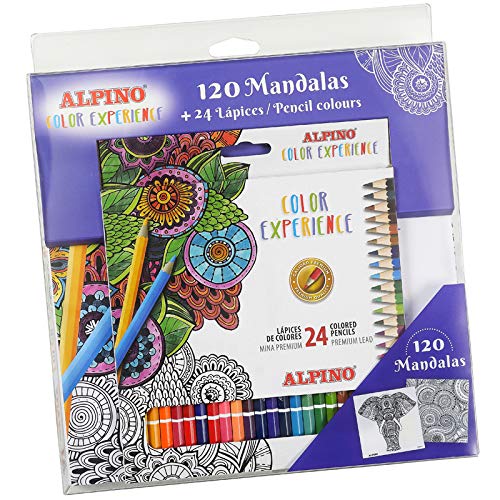 Kit Alpino Mandala Color Experience - Libro 120 Mandalas para Colorear + Estuche con 24 Lapices de Colores - Lapices Premium para Mandalas - Colores Vivos y Brillantes, Mina Resistente