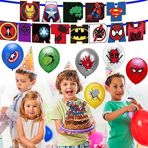 Kit de Decoraciones de Cumpleaños de Superhéroes Hilloly 38 Pcs Suministros de Fiesta Temáticos de Superhéroes Globos de Látex,pancarta de fiesta,Cupcake Toppers para niño