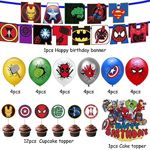 Kit de Decoraciones de Cumpleaños de Superhéroes Hilloly 38 Pcs Suministros de Fiesta Temáticos de Superhéroes Globos de Látex,pancarta de fiesta,Cupcake Toppers para niño