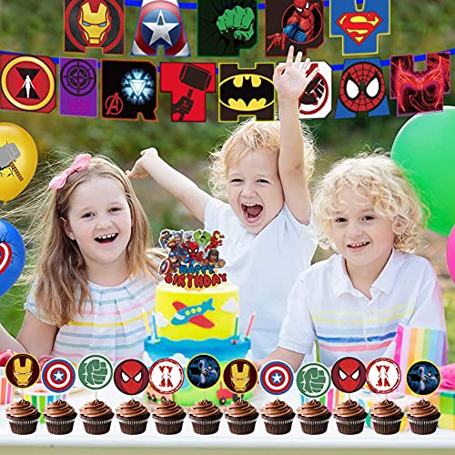 Kit de Decoraciones de Cumpleaños de Superhéroes Hilloly 38 Pcs Suministros de Fiesta Temáticos de Superhéroes Globos de Látex,pancarta de fiesta,Cupcake Toppers para niño