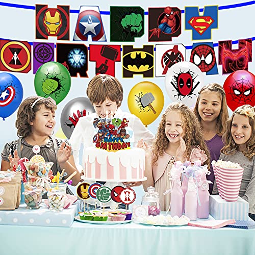 Kit de Decoraciones de Cumpleaños de Superhéroes Hilloly 38 Pcs Suministros de Fiesta Temáticos de Superhéroes Globos de Látex,pancarta de fiesta,Cupcake Toppers para niño