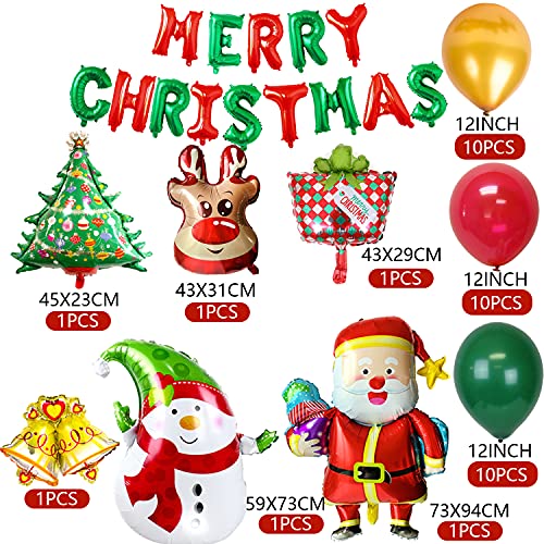 Kit de Globos de Decoraciones Navideñas, Feliz Navidad Banner, Globo de Papel de Aluminio, Papá Noel/ Muñeco de Nieve/ Árbol de Navidad/ Campanas, para Suministros Festival de Navidad