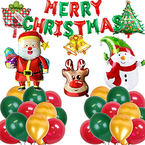 Kit de Globos de Decoraciones Navideñas, Feliz Navidad Banner, Globo de Papel de Aluminio, Papá Noel/ Muñeco de Nieve/ Árbol de Navidad/ Campanas, para Suministros Festival de Navidad