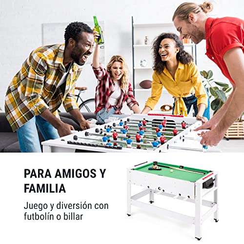 Klarfit Spin - 2 en 1 Mesa Multijuegos adultos y niños con billar y futbolin, mesa de 105 x 58 cm, revestimiento en verde, mesa futbolín multijuegos, con Accesorios de juego, mesa giratoria, blanco