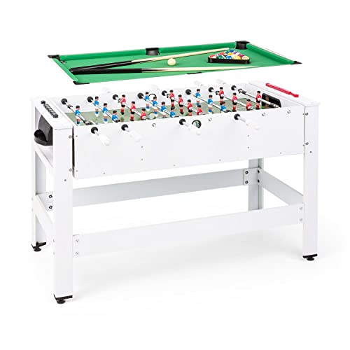 Klarfit Spin - 2 en 1 Mesa Multijuegos adultos y niños con billar y futbolin, mesa de 105 x 58 cm, revestimiento en verde, mesa futbolín multijuegos, con Accesorios de juego, mesa giratoria, blanco