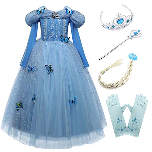 Kosplay Vestido de Cenicienta, Disfraz de Princesa Cenicienta con Mariposa para Halloween Carnaval Navidad Fiesta Cosplay Costume para Niñas Chicas 3-9 Años