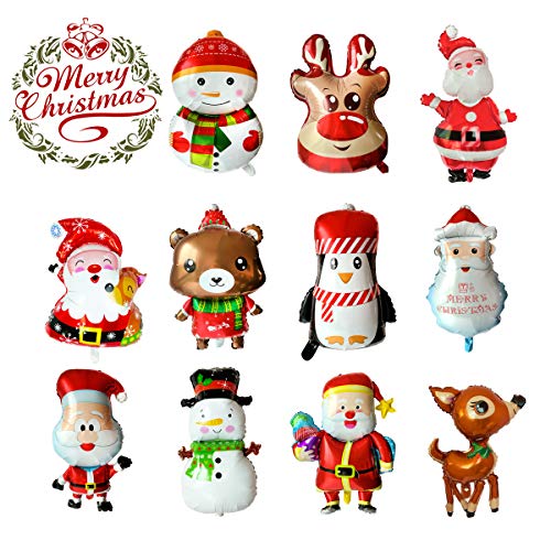 LABOTA 11PCS Grande Feliz Navidad Globos Globo de papel de aluminio Papá Noel/Muñeco de nieve/Reno/Alce Globo de helio para suministros de decoración de fiesta de año nuevo de Navidad