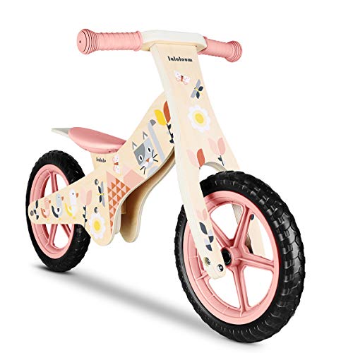 Lalaloom SPRING BIKE - Bicicleta sin pedales de madera para niños de 2 años (diseño con flores, andador para bebe, correpasillos para equilibrio, sillín regulable con ruedas de goma EVA), color Rosa