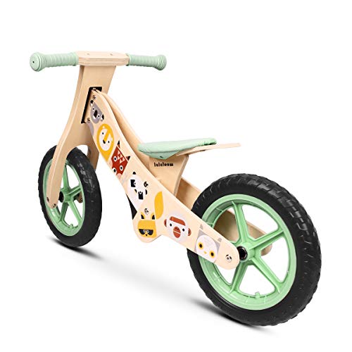 Lalaloom WILD BIKE - Bicicleta sin pedales de madera para niños de 2 años (diseño con animales, andador para bebe, correpasillos para equilibrio, sillín regulable con ruedas de goma EVA), color Verde