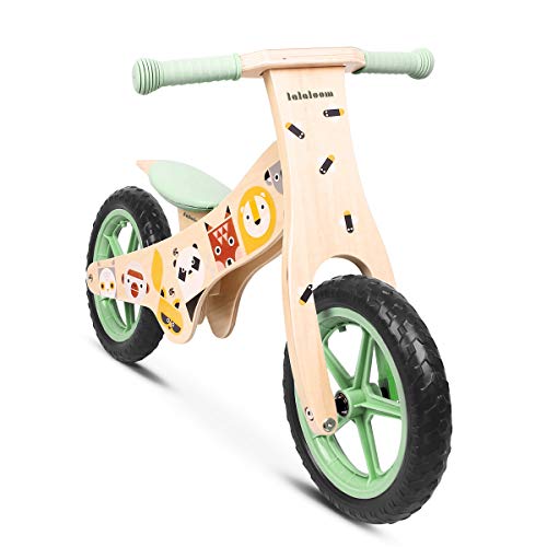 Lalaloom WILD BIKE - Bicicleta sin pedales de madera para niños de 2 años (diseño con animales, andador para bebe, correpasillos para equilibrio, sillín regulable con ruedas de goma EVA), color Verde