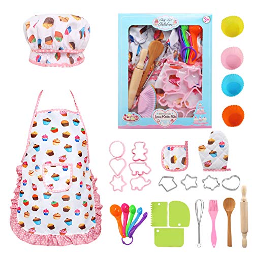 LEADSTAR Delantal Infantil, Delantal Niña Gorro Cocinero Infantil Delantales Cocinera para Niña Niños Juguetes Regalos Accesorios de Cocina para Niñas 3-12 Años para Navidad y Fiesta de Cumpleaños