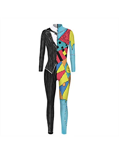 Leezeshaw Traje de disfraces de Halloween de la pesadilla antes de Navidad, Halloween 3D Jack y Sally Lycra Unitard Body para mujer S-XL