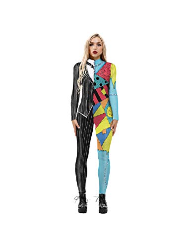 Leezeshaw Traje de disfraces de Halloween de la pesadilla antes de Navidad, Halloween 3D Jack y Sally Lycra Unitard Body para mujer S-XL