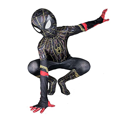 Leezeshaw Traje de superhéroe Spiderman negro y dorado para niños adultos, unisex, adultos, lycra spandex Zentai Spiderman mono mono Halloween Cosplay disfraces