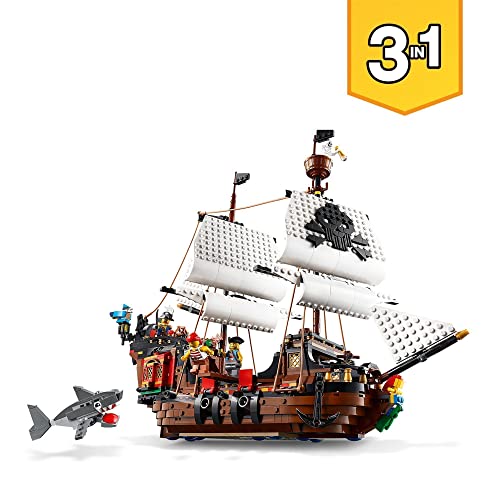 LEGO 31109 Creator 3 en 1 Barco Pirata, Taberna o Isla Calavera, Juguete de Construcción para Niños y Niñas 9 años