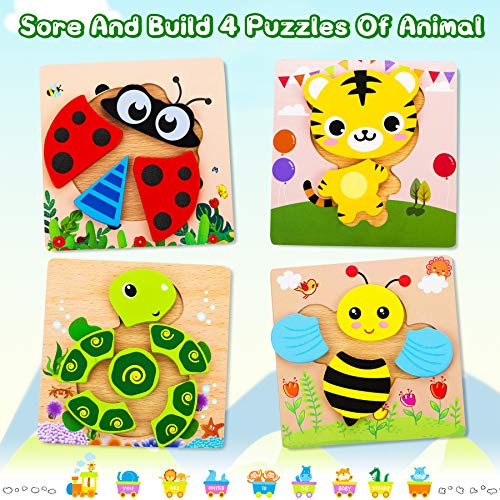 lenbest 4 pcs Puzzles de Madera de Animales, Juguetes Bebes Puzzle de Madera Animales, Juguetes Educativos para Niños Montessori, Regalo Navidad/Cumpleaños, con 2 obsequio Adicional, Total 6 pcs