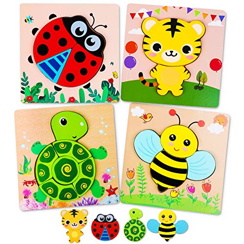 lenbest 4 pcs Puzzles de Madera de Animales, Juguetes Bebes Puzzle de Madera Animales, Juguetes Educativos para Niños Montessori, Regalo Navidad/Cumpleaños, con 2 obsequio Adicional, Total 6 pcs